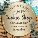 Christmas Santa Cookie Shop Custom Child Name Classic Round Sticker<br><div class="desc">Santa's north pole cookie shop with custom kids name. Fun stickers to add to kids gifts! Sana baked this cookie just for  custom child name or family name. A fun addition to holiday cookie gifts.</div>