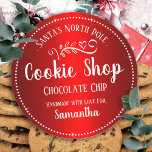 Christmas Santa Cookie Shop Custom Name  Classic Round Sticker<br><div class="desc">Santa's north pole cookie shop with custom kids name. Fun stickers to add to kids gifts! Sana baked this cookie just for  custom child name or family name. A fun addition to holiday cookie gifts.</div>