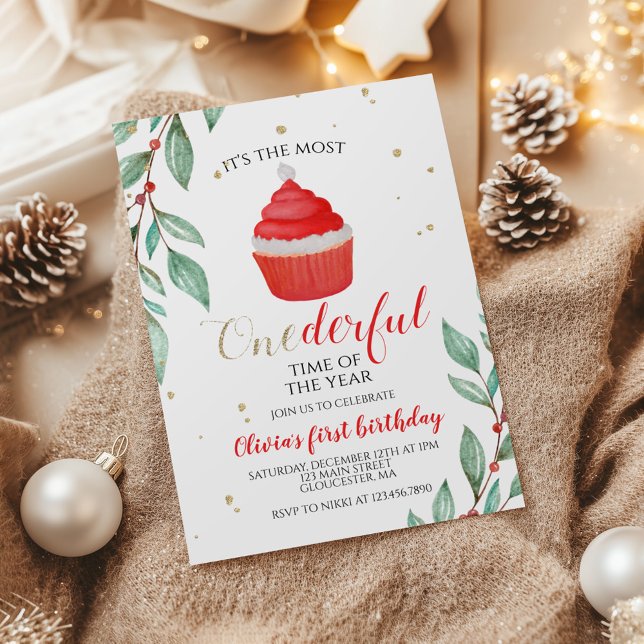 Christmas Santa Cupcake Onederful First Birthday I Invitation (Creator Uploaded)