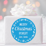 Christmas Santa Custom Name Blue Classic Round Sticker<br><div class="desc">Make Christmas extra special with these 'Love,  Santa' stickers,  personalized with the recipient's name. A stylish template,  featuring a festive border with snowflakes,  holly,  holiday stockings and stars. Custom stickers make a wonderful addition to your gift wrap,  envelopes,  party favours,  and more! Colours: blue and white.</div>