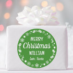 Christmas Santa Custom Name Green Classic Round Sticker<br><div class="desc">Make Christmas extra special with these 'Love,  Santa' stickers,  personalized with the recipient's name. A stylish template,  featuring a festive border with snowflakes,  holly,  holiday stockings and stars. Custom stickers make a wonderful addition to your gift wrap,  envelopes,  party favours,  and more! Colours: green and white.</div>