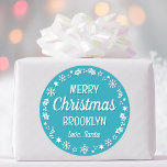 Christmas Santa Custom Name Teal Classic Round Sticker<br><div class="desc">Make Christmas extra special with these 'Love,  Santa' stickers,  personalized with the recipient's name. A stylish template,  featuring a festive border with snowflakes,  holly,  holiday stockings and stars. Custom stickers make a wonderful addition to your gift wrap,  envelopes,  party favours,  and more! Colours: blue-green teal and white.</div>