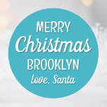 Christmas Santa Custom Name Teal Small Classic Round Sticker<br><div class="desc">Make Christmas magical with a set of personalised Santa stickers. These teal and white stickers can be customized with the recipient's name to make them truly unique. The perfect addition to your holiday gift wrap!</div>