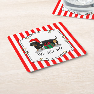 Christmas Santa Dachshund (S black & tan) Cute Square Paper Coaster