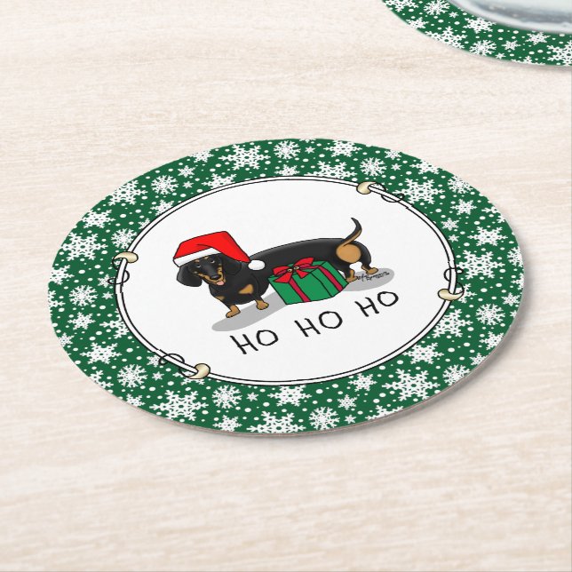 Christmas Santa Dachshund (S black & tan) Funny Round Paper Coaster (Angled)