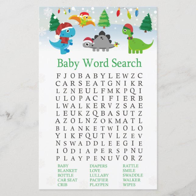 Christmas Santa dinosaur Baby Shower Word Search (Front)