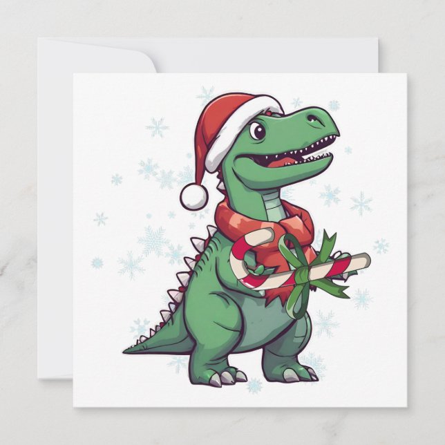 Christmas Santa Dinosaur with Candy Cane  Holiday Card (Front)