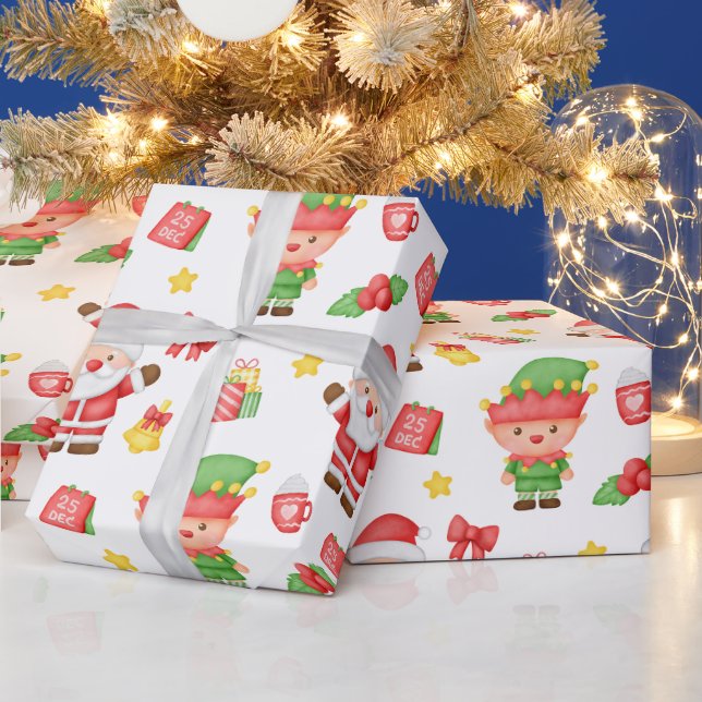 Christmas Santa, Elf and Decorations  Wrapping Paper (Holidays)