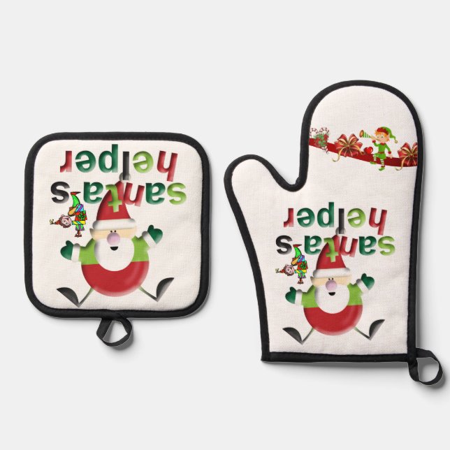 Christmas Santa & Elf Oven Mitt & Pot Holders  Holder Set (Front)