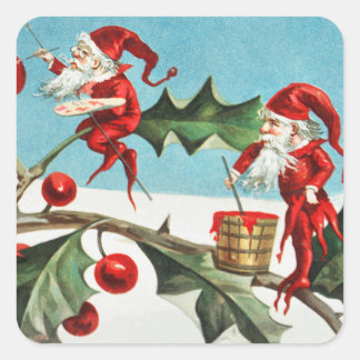 Christmas Santa Elves Painting Berries on Leaves Square Sticker