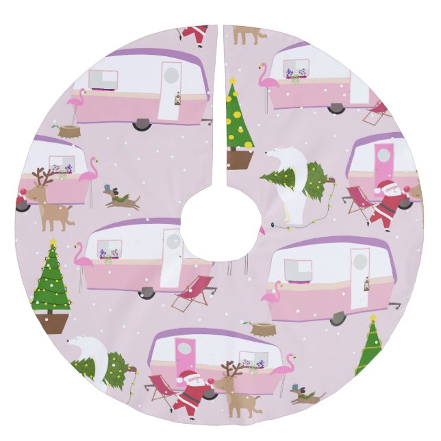 christmas santa flamingo trailer park brushed polyester tree skirt (Front)