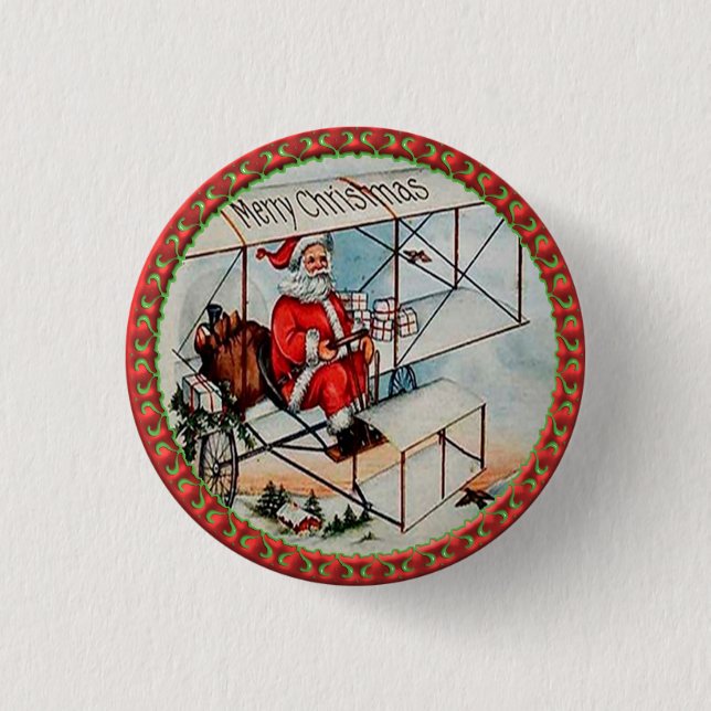 Christmas Santa flying a old airplane 1 Inch Round Button (Front)