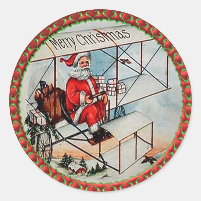 Christmas Santa flying a old airplane Classic Round Sticker (Front)