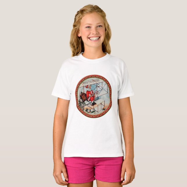 Christmas Santa flying a old airplane T-Shirt (Front Full)