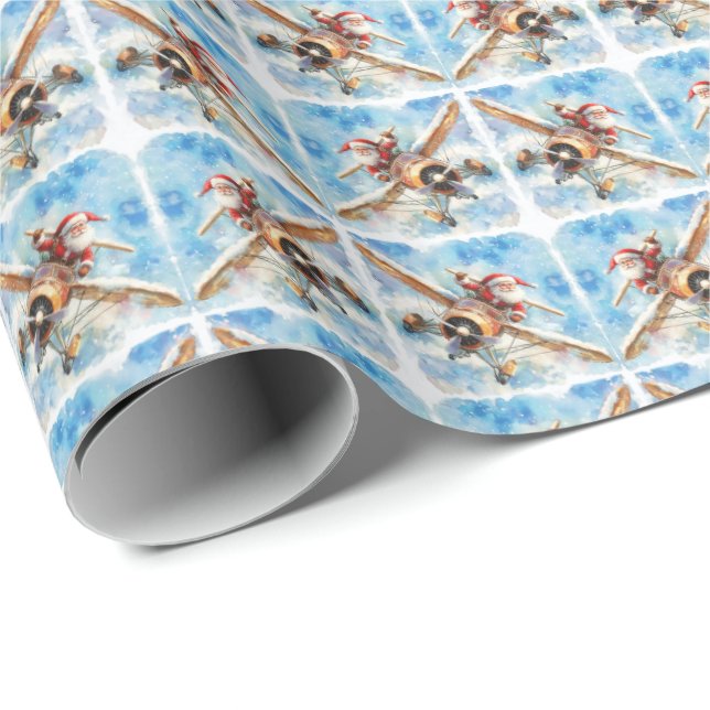 Christmas Santa Flying Airplane Wrapping Paper (Roll Corner)