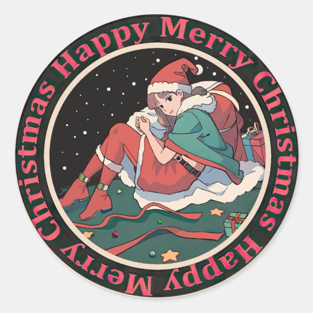 Christmas Santa Girl Classic Round Sticker (Front)
