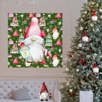 Christmas Santa Gnome & Green Pattern Background Poster