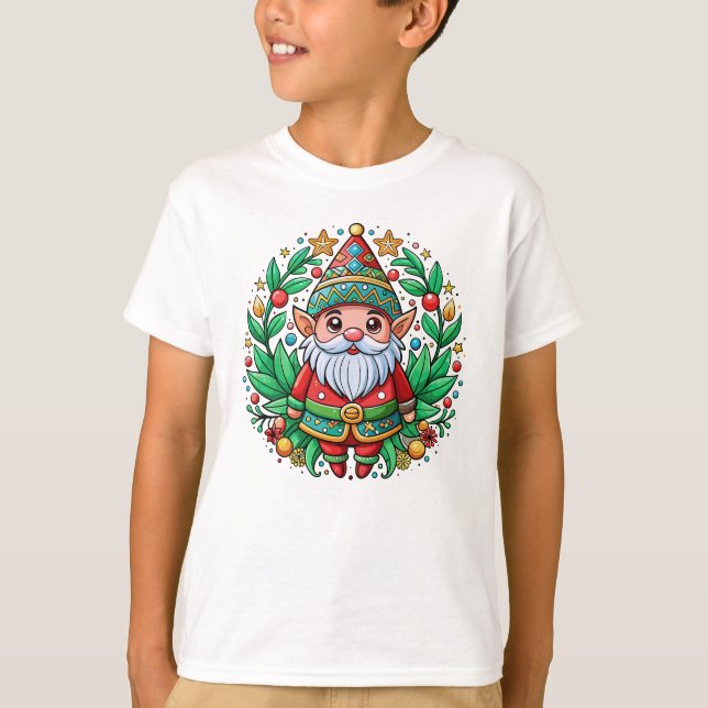 Christmas Santa Gnome with Decorative Wreath T-Shirt (Front)