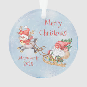 Christmas Santa Gnome with Reindeer Holiday Ceram Ornament