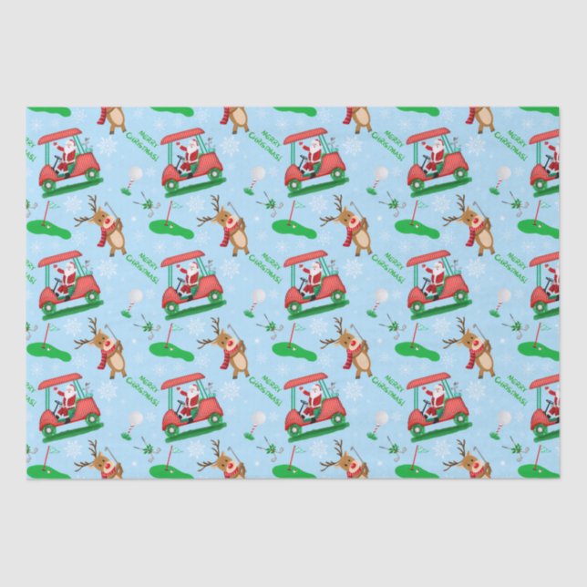 Christmas Santa Golfing With Reindeer Pattern   Tissue Paper (Front)