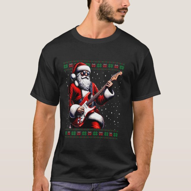 Christmas Santa Guitar Musician Ugly Christmas Swe T-Shirt (Front)