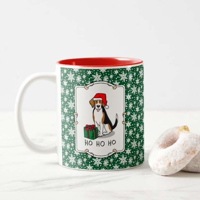 Christmas Santa Hat Beagle (tri colour 3) Dog Cute Two-Tone Coffee Mug (With Donut)