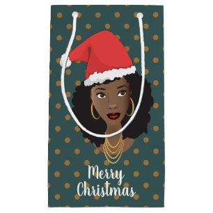 Christmas Santa Hat, Black Woman, Brown Dots, Teal Small Gift Bag