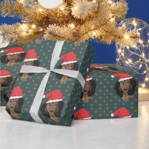 Christmas Santa Hat, Black Woman, Brown Dots, Teal Wrapping Paper