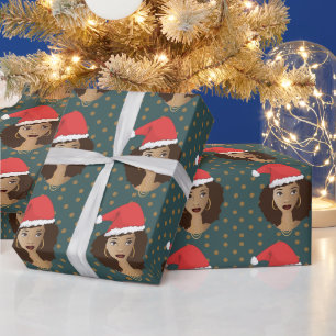Christmas Santa Hat, Black Woman, Brown Dots, Teal Wrapping Paper