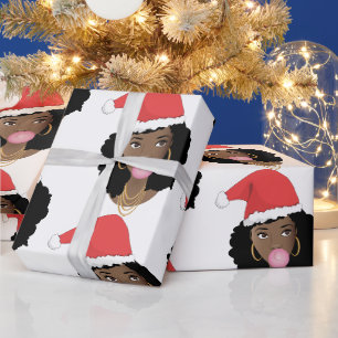 Christmas Santa Hat, Black Woman, Bubblegum Wrapping Paper