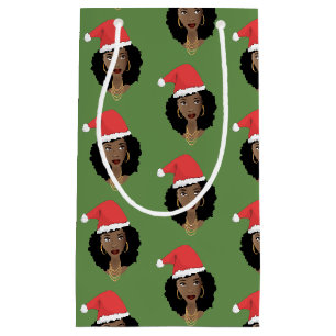 Christmas Santa Hat, Black Woman, Green Small Gift Bag