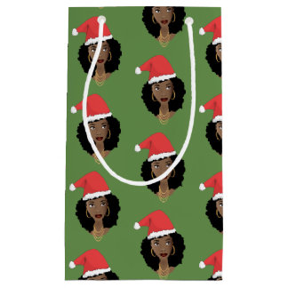 Christmas Santa Hat, Black Woman, Green Small Gift Bag