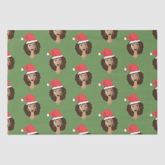 Christmas Santa Hat, Black Woman, Green Tissue Paper (Front)