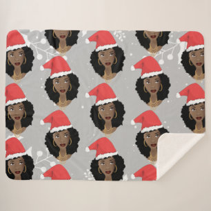 Christmas Santa Hat, Black Woman, Grey Sherpa Blanket