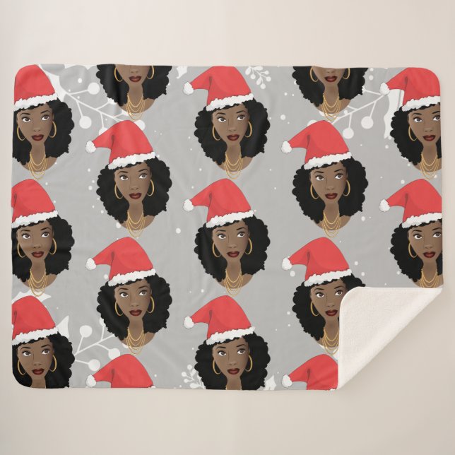 Christmas Santa Hat, Black Woman, Grey Sherpa Blanket (Front (Horizontal))