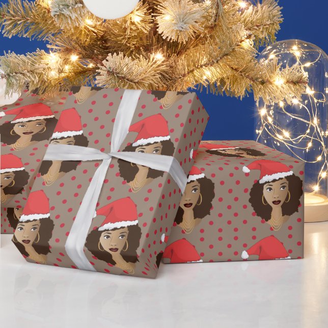 Christmas Santa Hat, Black Woman, Red Dots, Brown Wrapping Paper (Holidays)