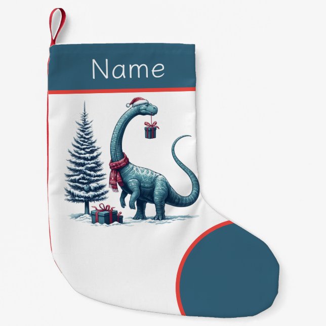 Christmas Santa hat Brontosaurus  Small Christmas Stocking (Front)