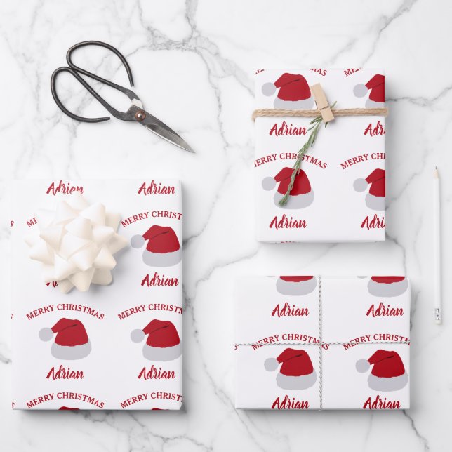 Christmas Santa Hat & Custom Name Pattern Wrapping Paper Sheet (Front)