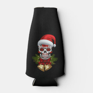 Christmas Santa Hat Day Of The Dead Sugar Skull Bottle Cooler