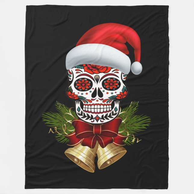 Christmas Santa Hat Day Of The Dead Sugar Skull Fleece Blanket (Front)