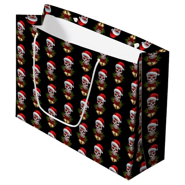 Christmas Santa Hat Day Of The Dead Sugar Skull Large Gift Bag (Front Angled)