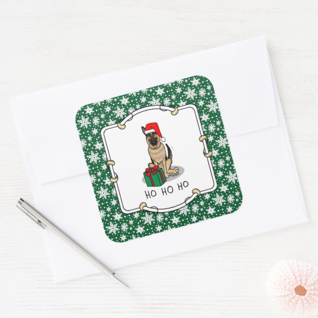Christmas Santa Hat German Shepherd Dog Cute Square Sticker (Envelope)