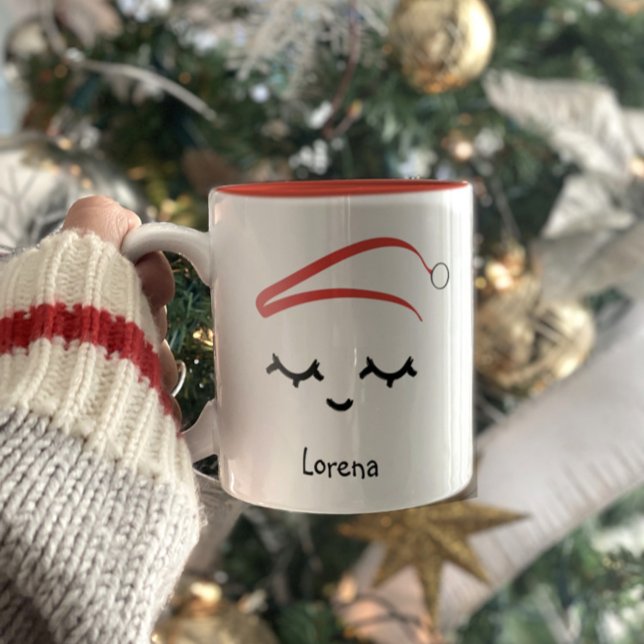 Christmas Santa hat Lashes Personalized Holiday Two-Tone Coffee Mug (Creator Uploaded)