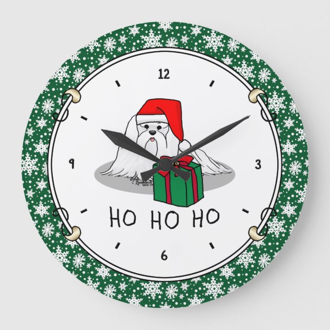 Christmas Santa Hat Maltese Dog Cute Funny Large Clock (Front)