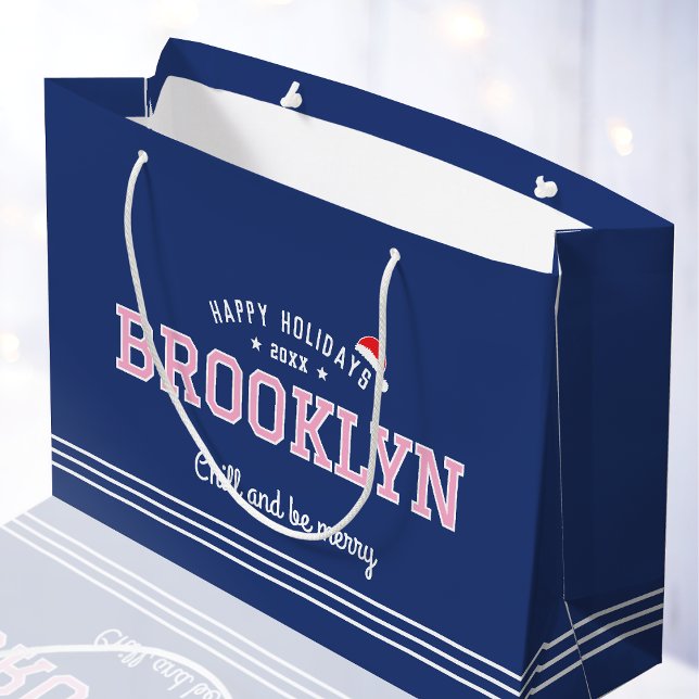 Christmas Santa Hat Name Typography Navy Pink Red Large Gift Bag (Creator Uploaded)