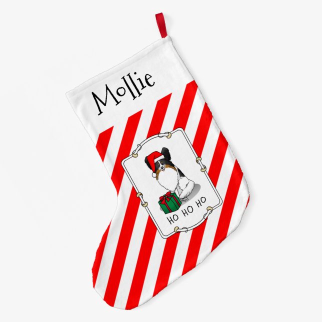 Christmas Santa Hat Papillon (tri-colour) Dog Cute Large Christmas Stocking (Back (Hanging))