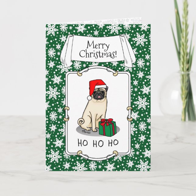 Christmas Santa Hat Pug Dog (light fawn) Cute Card (Front)