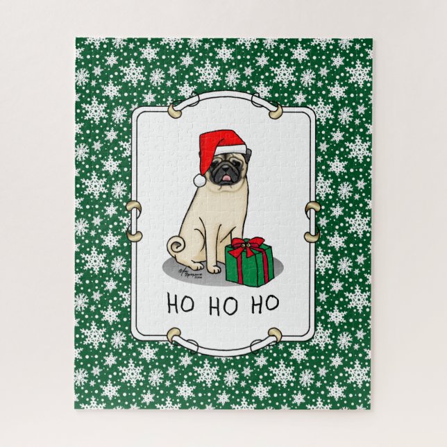 Christmas Santa Hat Pug Dog (light fawn) Cute Jigsaw Puzzle (Vertical)