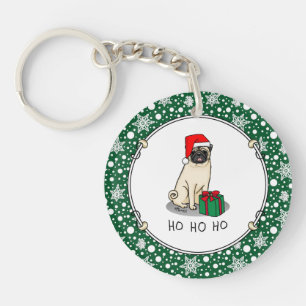 Christmas Santa Hat Pug Dog (light fawn) Cute Keychain