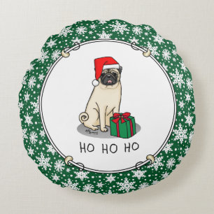 Christmas Santa Hat Pug Dog (light fawn) Cute Round Pillow